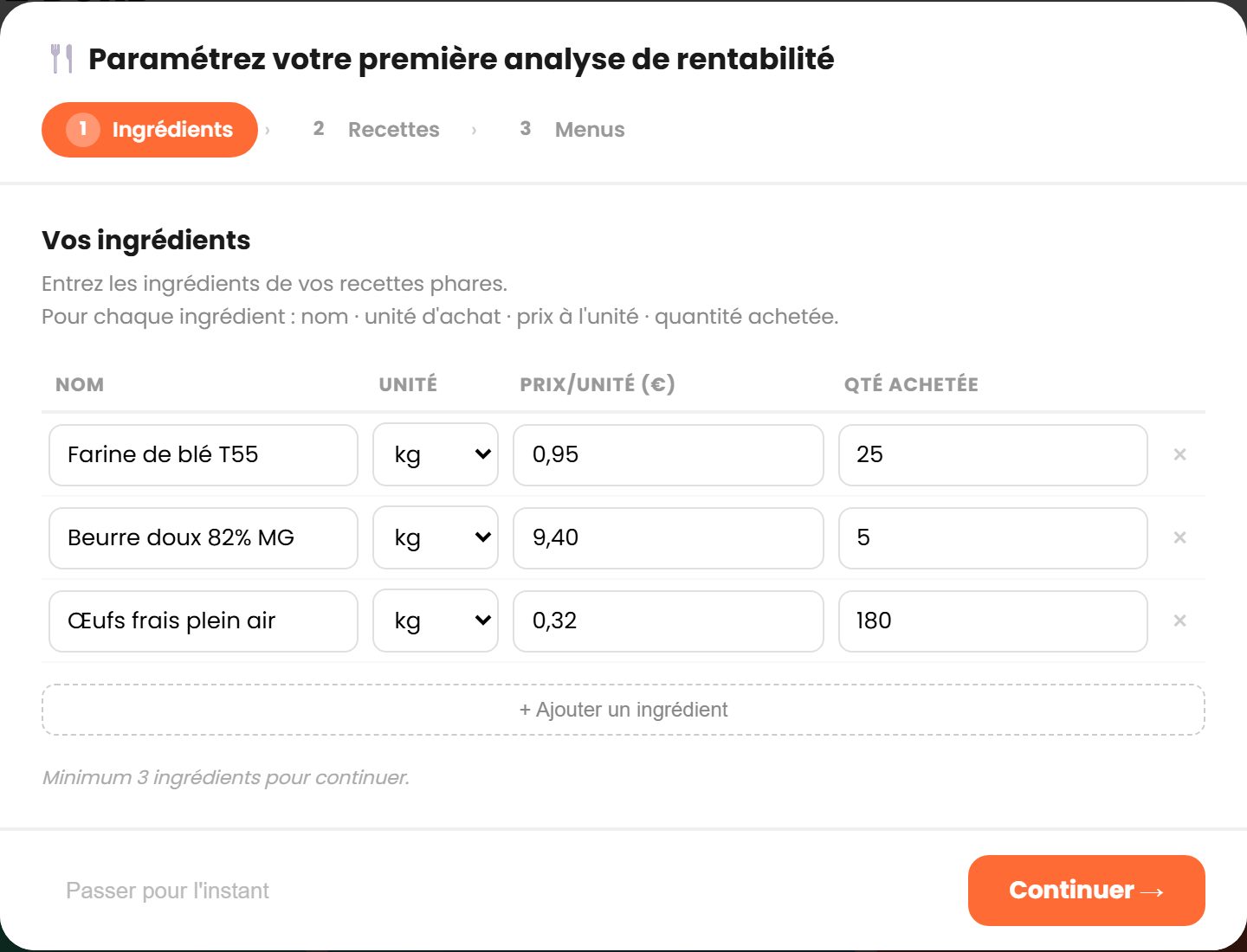 Assistant de démarrage — étape 1, vos ingrédients